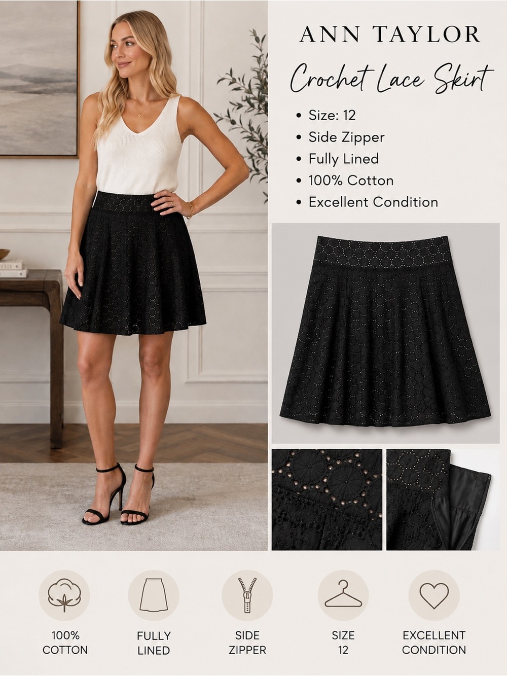 Ann Taylor Black Crochet Eyelet Lace A-Line Skirt Size 12 Cotton Lined